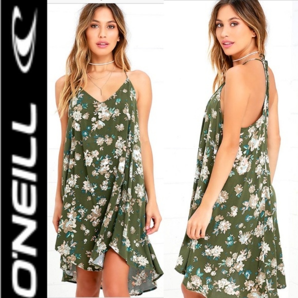 NWOT O'Neil Crimson Olive green floral print dress